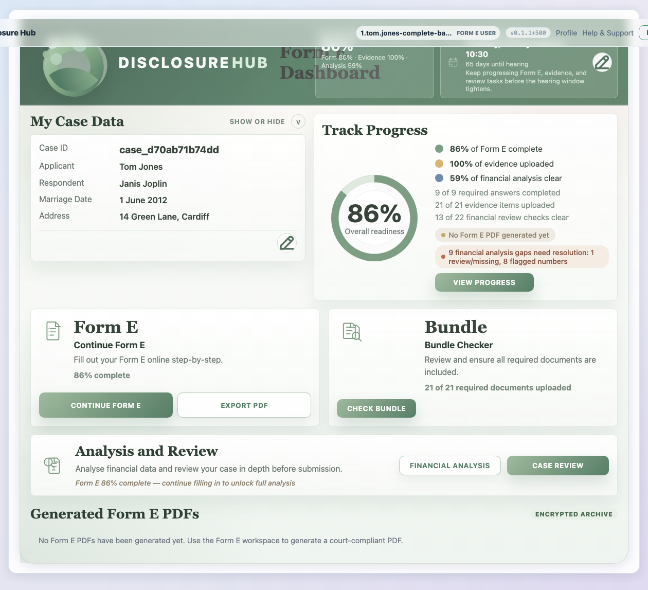 Form E dashboard showing compact logged-in header and disclosure completeness summary
