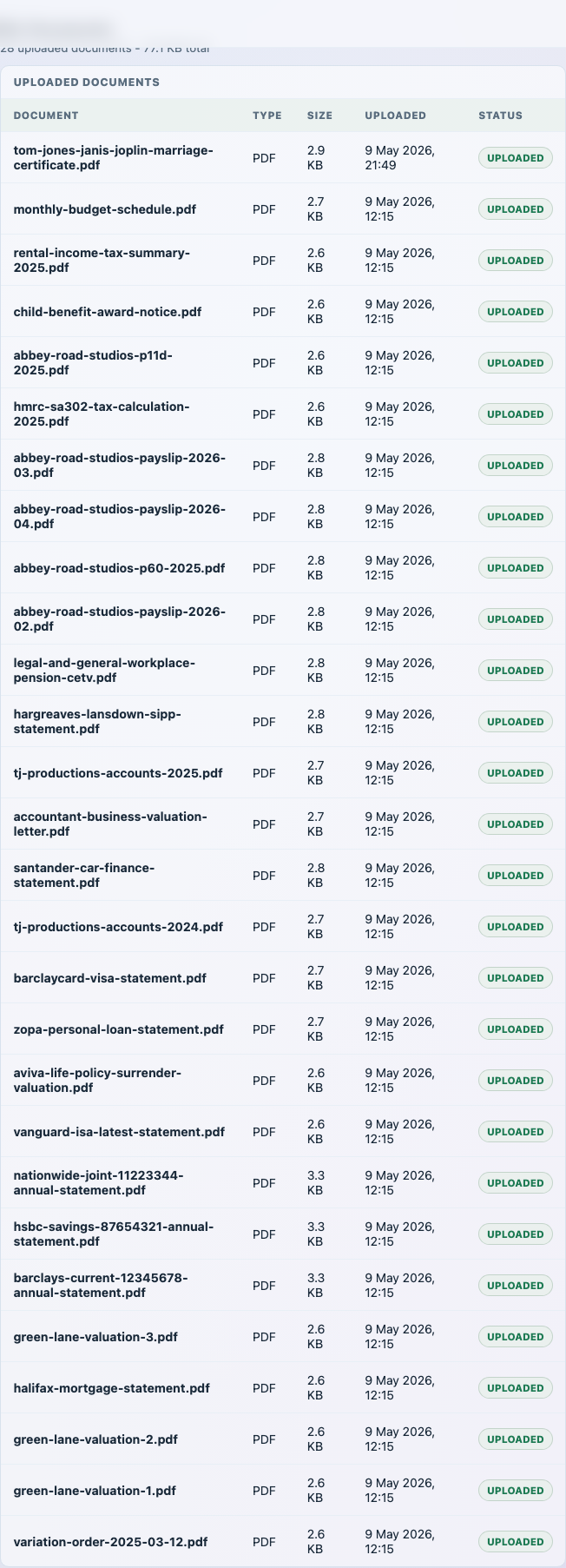 Profile page showing uploaded documents table with document, type, size, uploaded date, and status columns